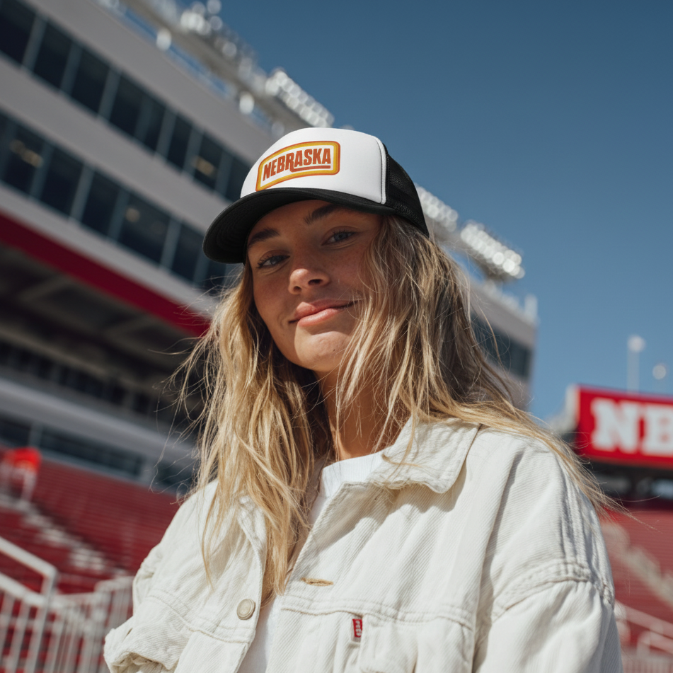 Retro Nebraska Foam Black Trucker Hat